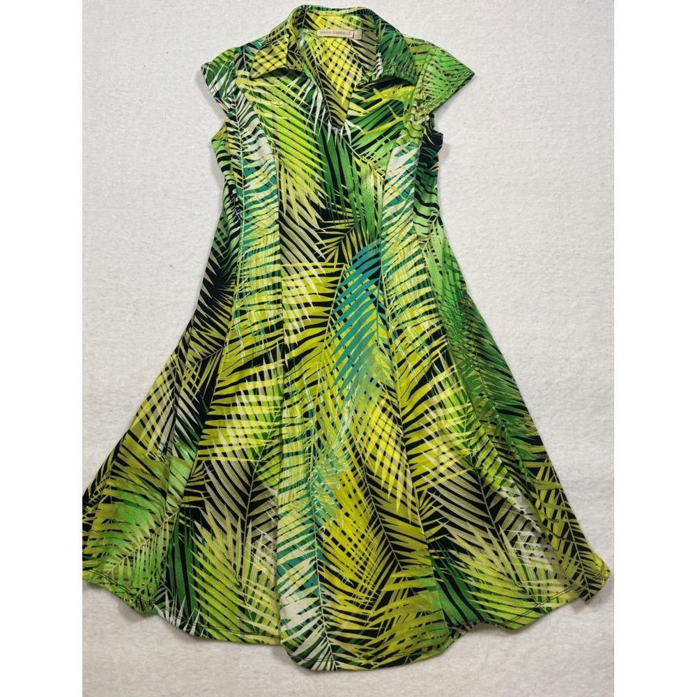 Maria Gabrielle Green Tropical‎ Palm Leaf Print Fit and Flare Dress Small